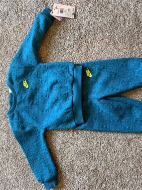 Nike Kids Teal Blue Sweatshirt & Jogger Set with Neon Yellow Logo